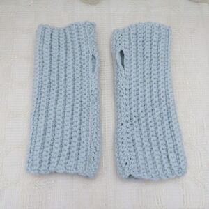 Handmade Crocheted Fingerless Gloves, Pale Aqua Acrylic Mittens for Women